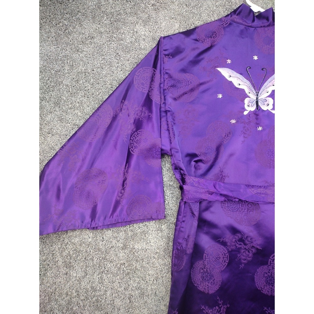 Vintage Japanese Belted Kimono Silky Dark Purple W Huge Butterfly Robe MCM 70's - Picture 12 of 16